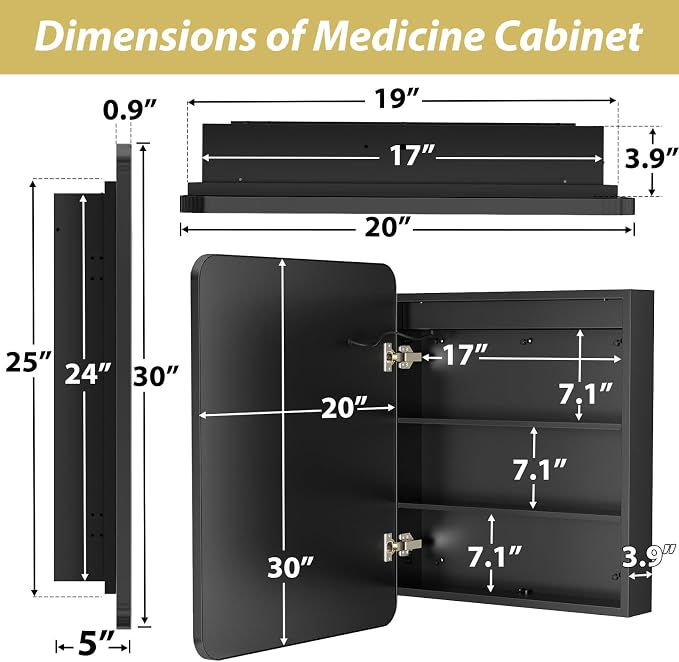 APRILSOUL 20X30 Inch Black Bathroom Medicine Cabinet - Image 4