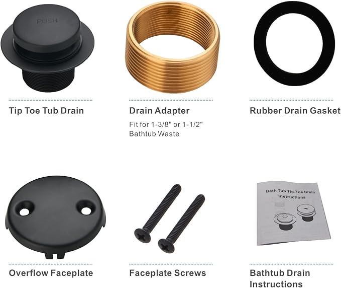 Black Tub Drain Tip-Toe Tub Trim Set Conversion Kit Assembly, Hidrop Bathtub - Image 6