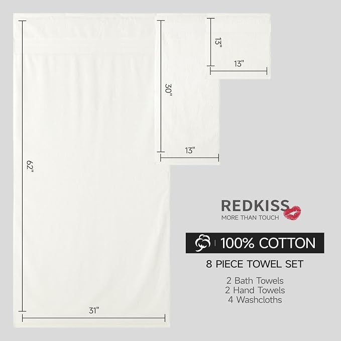 REDKISS Cream Towel Set of 8-100% Cotton Luxury Bath Towels Set - Image 3