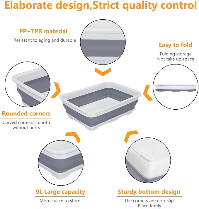 Collapsible Dish Pans – 10L Foldable Sink Tub, 14.5'' x 10.5'' x 5", Compact - Image 3