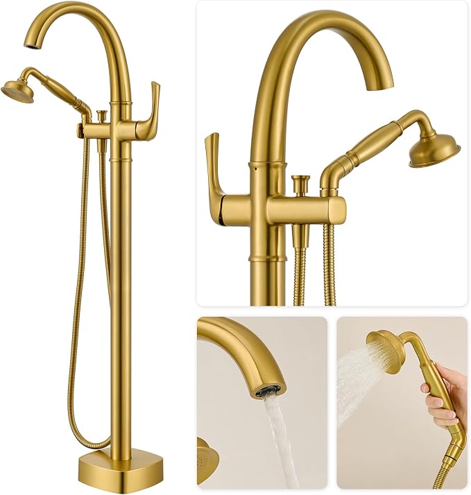 Free Standing Tub Faucet, Hanallx Luxury Brushed Gold Freestanding Bathtub - Image 3