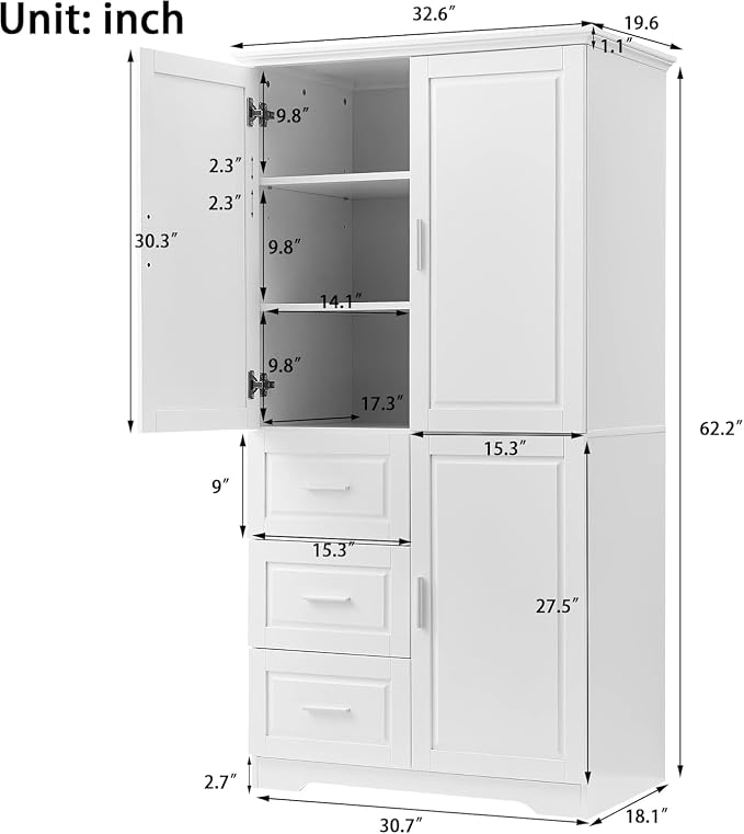Tall Wide Storage Cabinet with 3 Doors, 3 Drawers, and Adjustable Shelves - Image 2