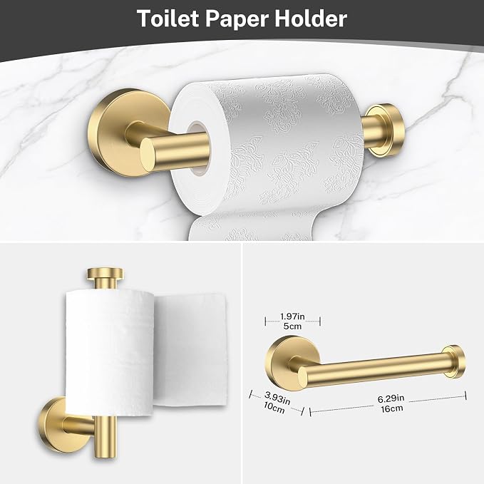 4-Piece Brushed Gold Bathroom Hardware Set, Toilet Paper Holder & 2 Robe - Image 2