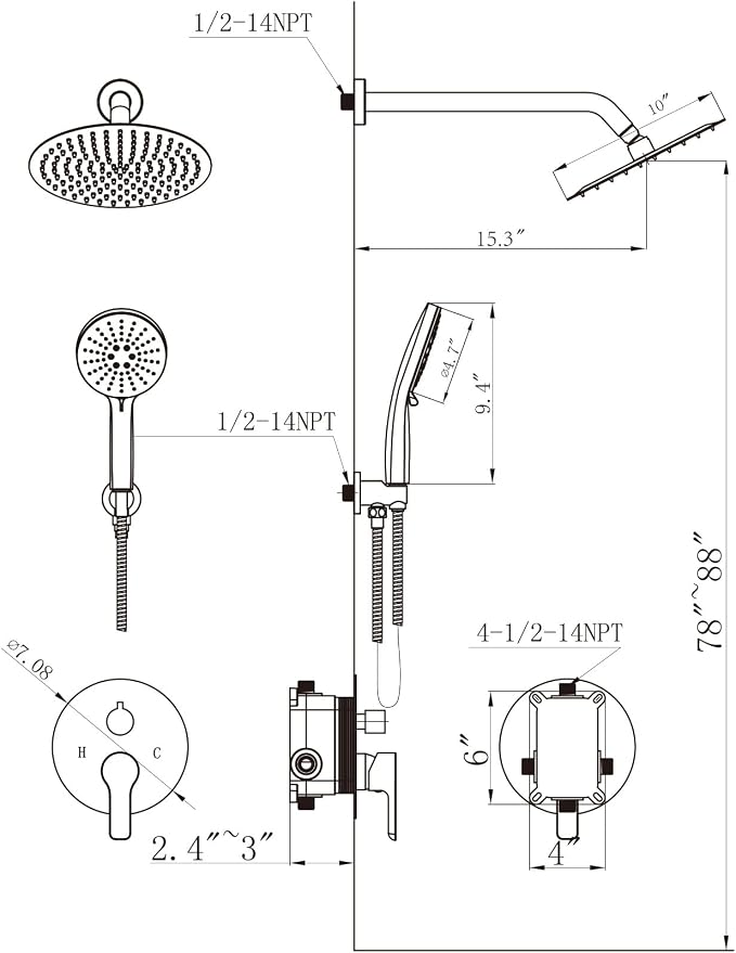 Shower Faucet Set 10IN Brass Rough-In Valve Body Trim Kit Rainfall Included - Image 8