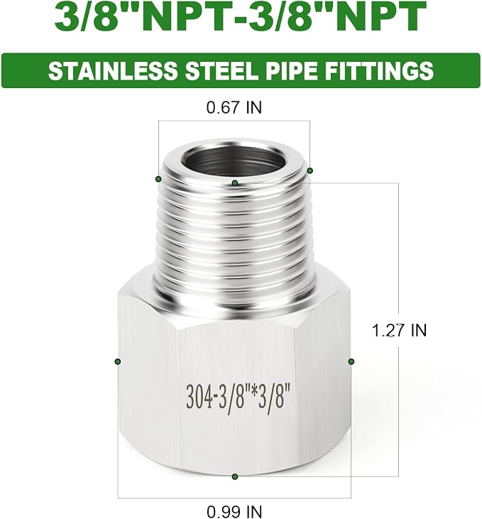 TAISHER 10PCS 304 Stainless Steel Pipe Fitting, 3/8" NPT Male x 3/8" NPT Female - Image 2