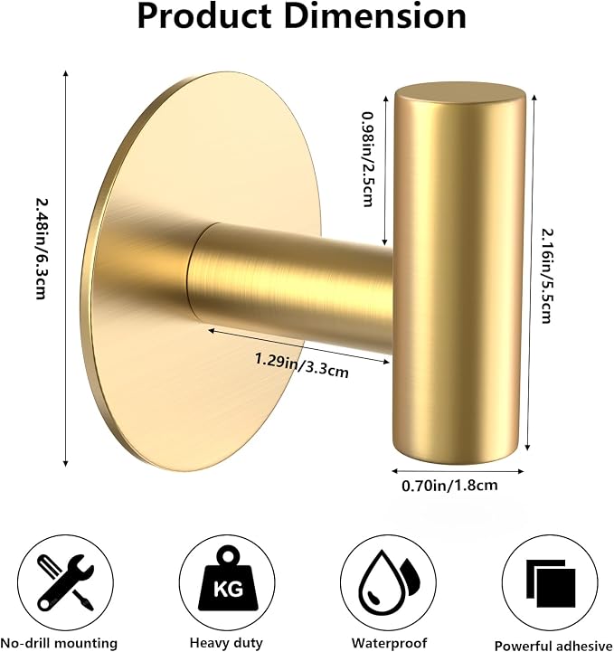 Gold Stainless Steel Wall Hooks, Heavy Duty Self-Adhesive Hooks - Image 7