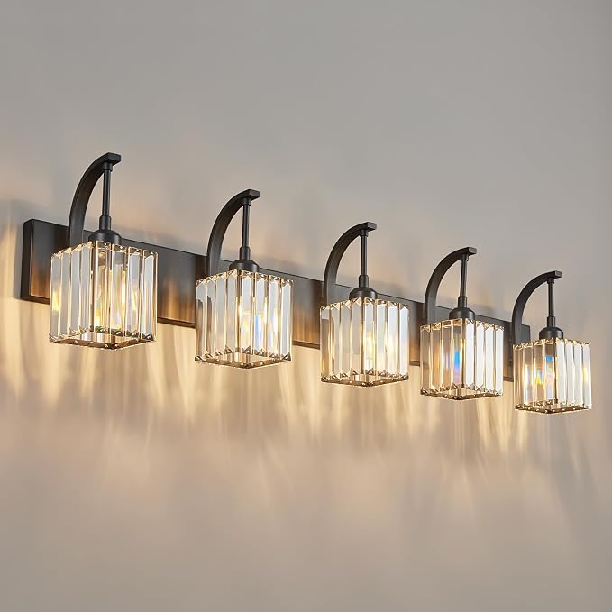 5-Light Crystal Vanity Light, Modern Black Bathroom Wall Sconce by FDPBY