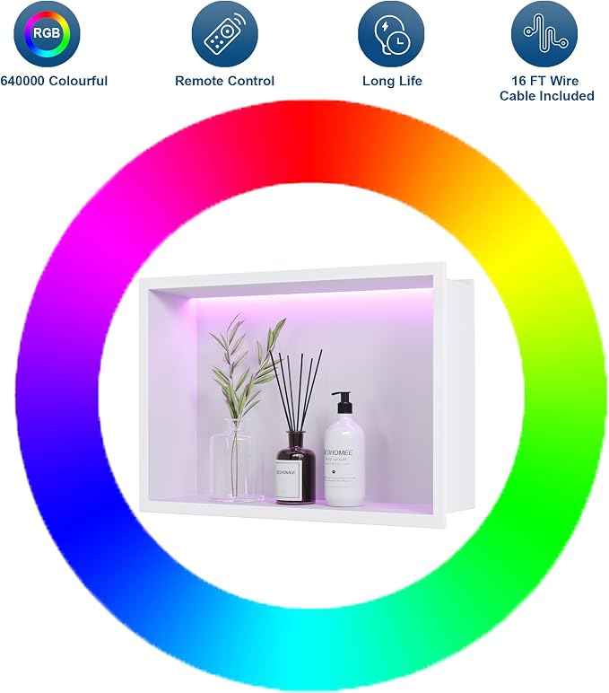 White Stainless Steel Shower Niche 18x12Inch, Dimmable RGB Led Light Wall Niche - Image 5