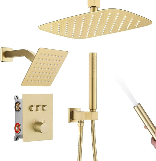 12 Inch Rain Shower System, Brushed Gold Shower Faucet Set by IDEALANDALTRUISTIC