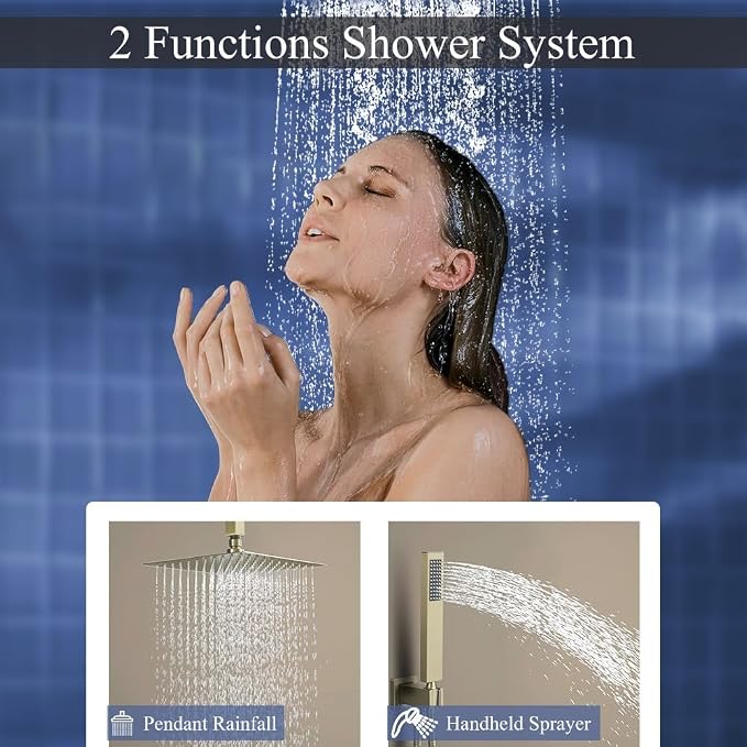 12 Inch Brushed Gold Ceiling Mount Shower System Bathroom Luxury Rain Mixer - Image 3