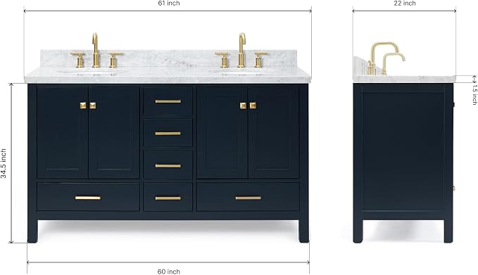 ARIEL Cambridge 61 Inch Midnight Blue Bathroom Vanity Double Sink, Solid Wood - Image 2