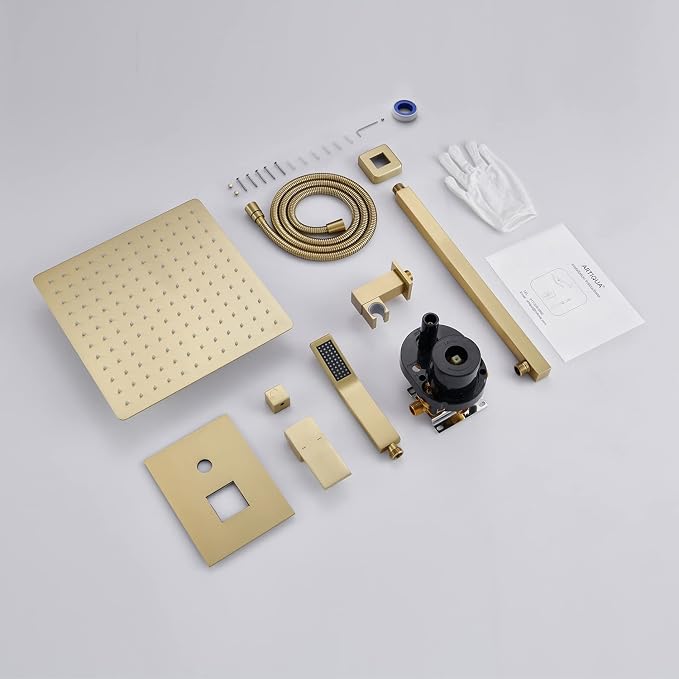 Rain Shower System 12 Inches Shower Combo Set Brushed Gold Wall Mount Faucet - Image 6