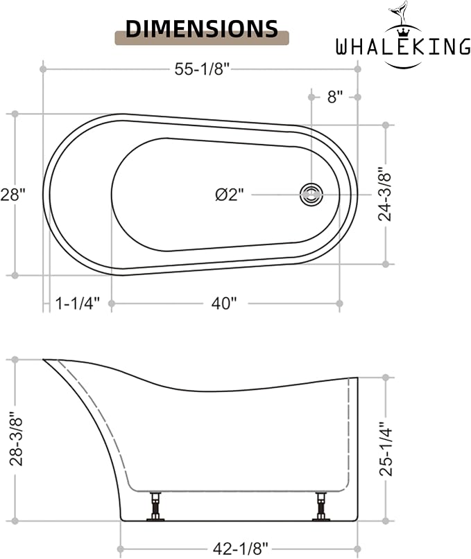 55" Black Modern Free Standing Soaking Slipper Bathtub, WHALEKING Luxury Stand - Image 7