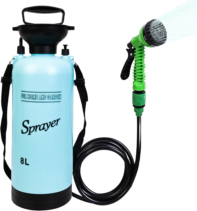 Portable Shower Blue 8L with 7 Spray Modes, Hand Press with Removable Hose and by JIESIHAO