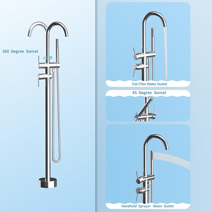 Freestanding Bathtub Faucet, Tub Filler Floor Mount Stand Bathtub Faucet Brass - Image 4