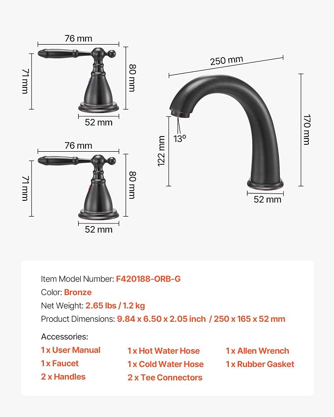 VEVOR Roman Tub Faucet, 3 Hole Waterfall Bathtub Faucet, Gooseneck Bath Tubs - Image 7