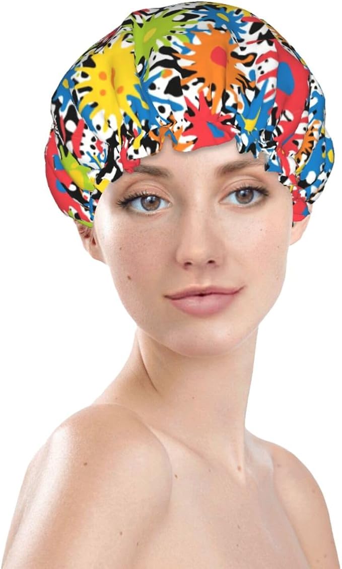 Double Layers Shower Caps for Women Girl, Colorful Splatter Color Art Bathing - Image 3
