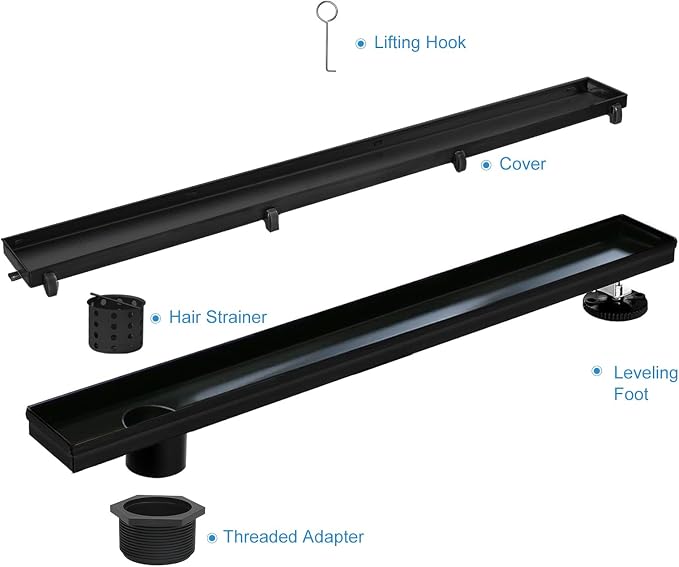 Offset Linear Shower Drain, Brushed 304 Stainless Steel Side Outlet Black Floor - Image 2