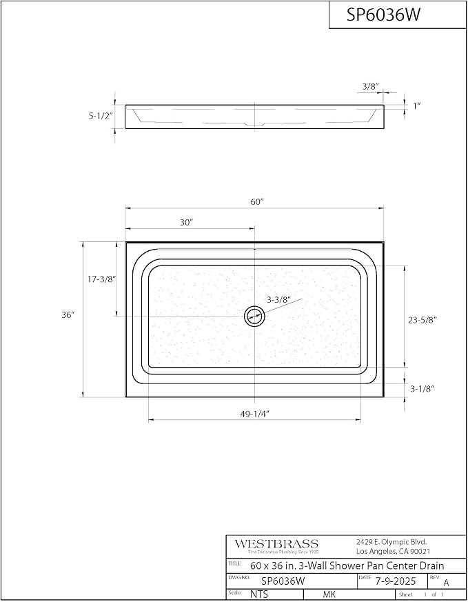 Westbrass SP6036WP-62 60" x 36" 3-Wall Shower Pan - Image 7