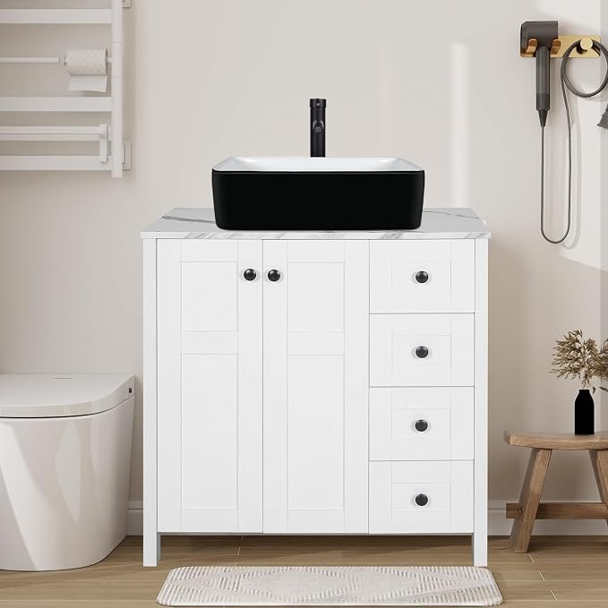 32" White Bathroom Vanity with Engineered Wood Marble Texture Top and 4 Drawers by Solidee