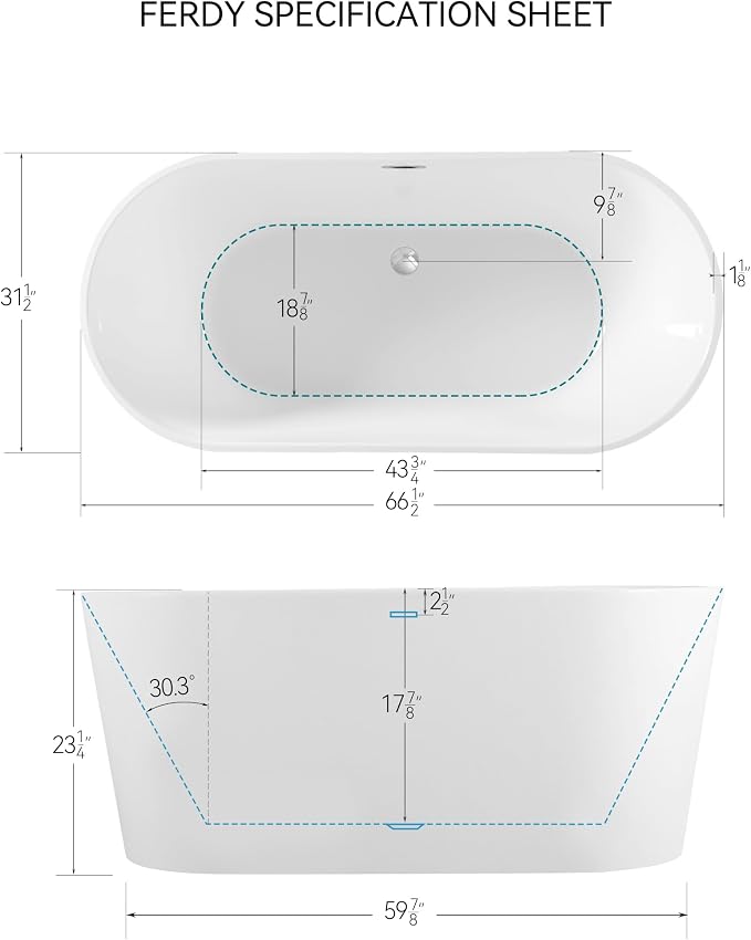 FerdY Shangri-La 67" Acrylic Freestanding Bathtub, Ergonomic Lightweight - Image 5