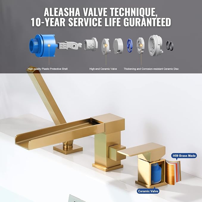 Waterfall Roman Tub Filler Faucet, Deck Mount Bathtub Filler - Image 3