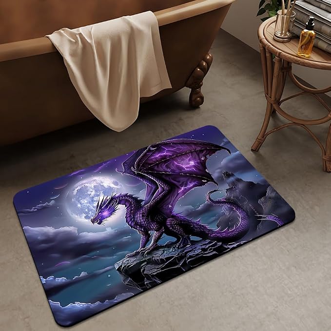 Bath Mat Rug, Majestic Purple Dragon Non Slip Quick Dry Super Absorbent Thin - Image 3