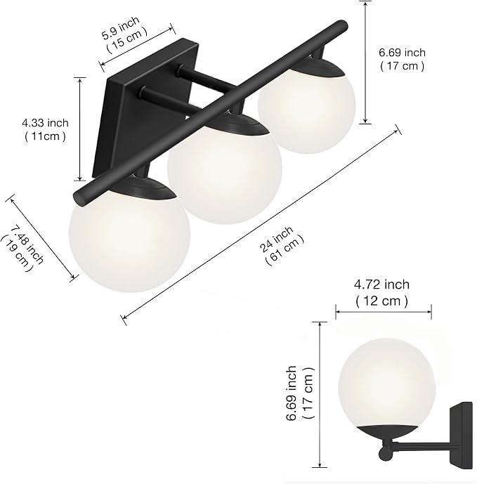 New Bathroom Vanity Light Fixtures 3 Lights Brushed Black Milk White Globe - Image 4