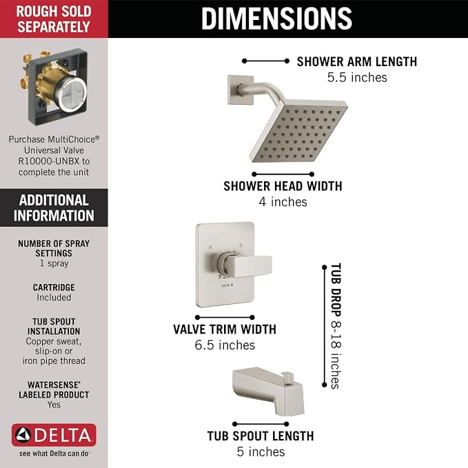 Delta Faucet Modern Brushed Nickel Tub and Shower Trim Kit, Shower Faucet - Image 3