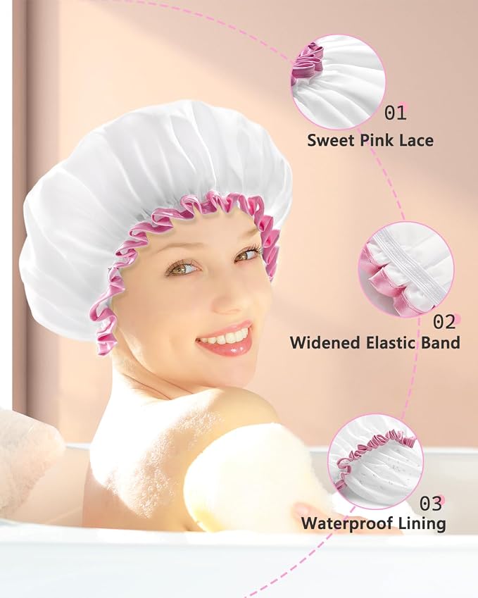 mikimini White Shower Cap Pack of 2 Waterproof Reusable Double Layers Bathing - Image 8