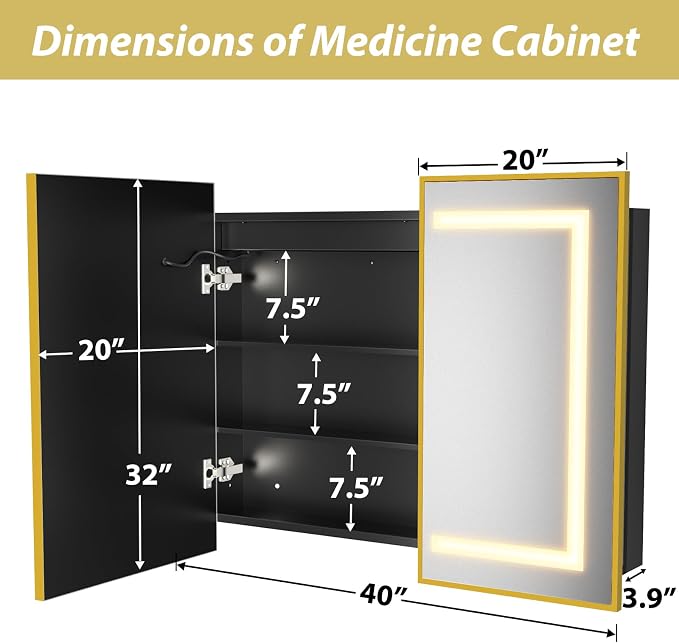 APRILSOUL 40X32 Inch Gold Bathroom Medicine Cabinet - Image 4