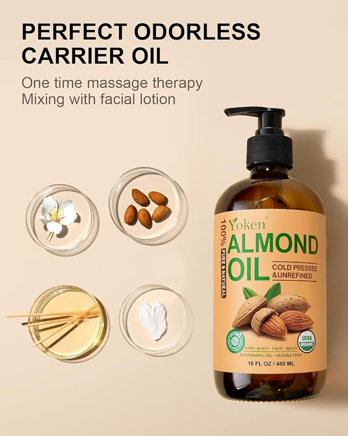 Organic Almond Oil 16 fl oz, USDA 100% Pure Cold Pressed Almond Oils in Glass - Image 5