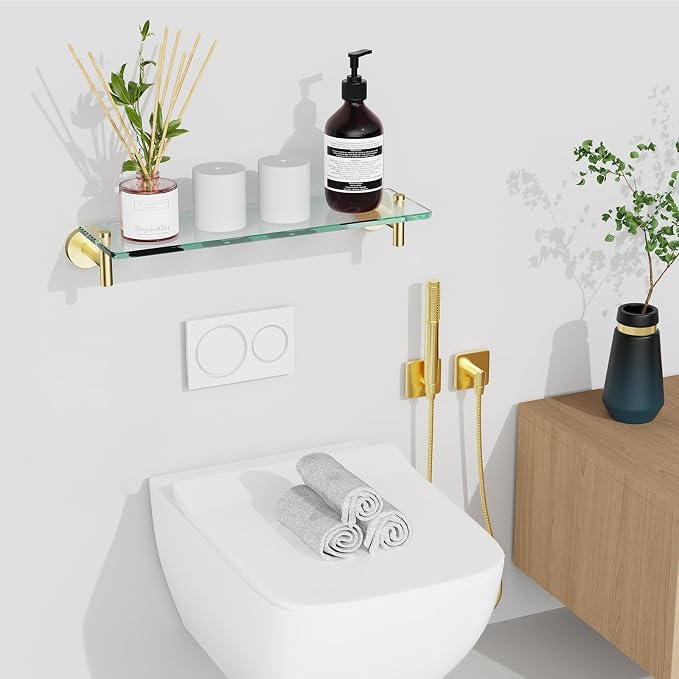 Glass Shelves for Bathroom, 16-Inch Brushed Gold Floating Bathroom Shelf - Image 6