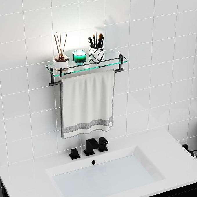 Bathroom Towel Rack with Tempered Glass Shelf 16 Inch, Matte Black Floating - Image 2