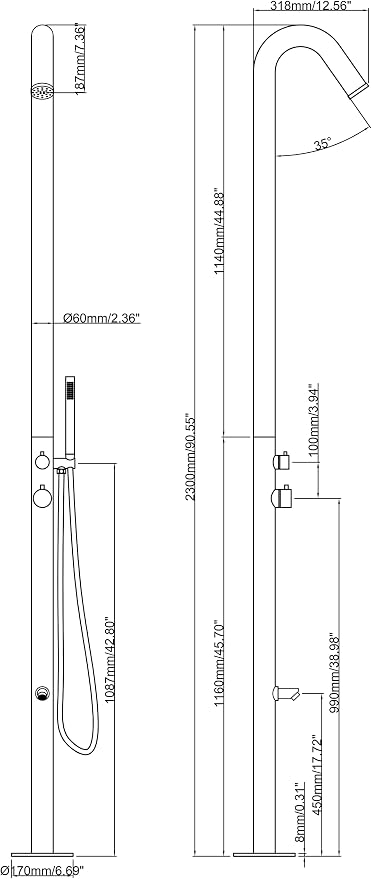Wayime 91" Separable&Composable Free-Standing Brushed Stainless Steel 304 Spary - Image 4