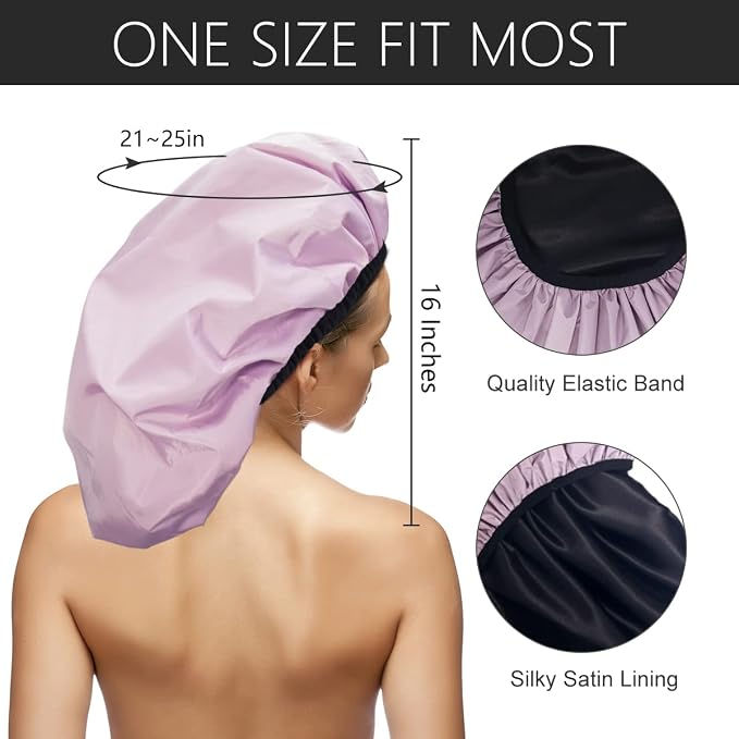 Auban Extra Large Shower Cap, Double-Layer Waterproof Reusable, XL Satin Lining - Image 2