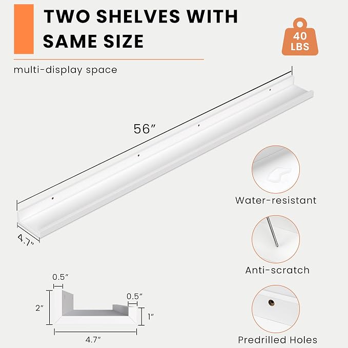 Heimlove Picture Ledge Shelf, Floating Shelves Set of 2, 56 Inches Picture Shelf - Image 3