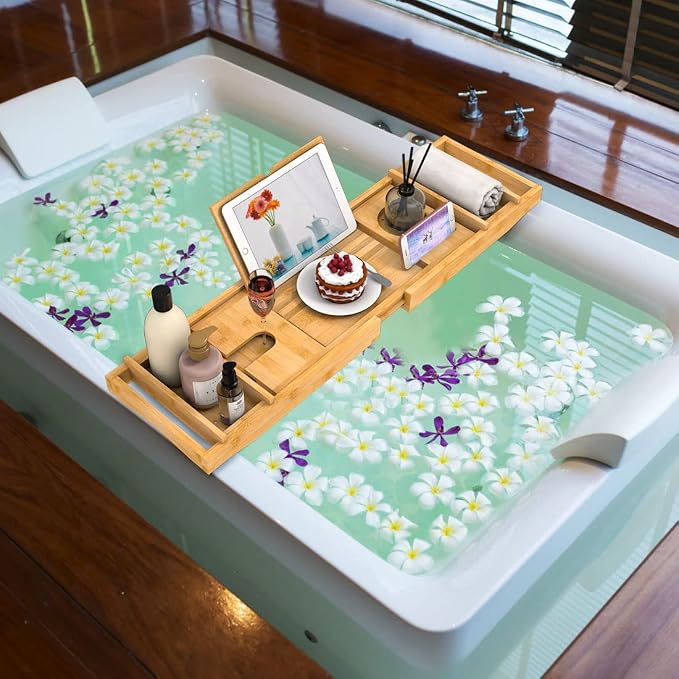 Bamboo Bathtub Tray for Luxury Bathroom, Expandable Premium Bath Tray w/Soap - Image 2