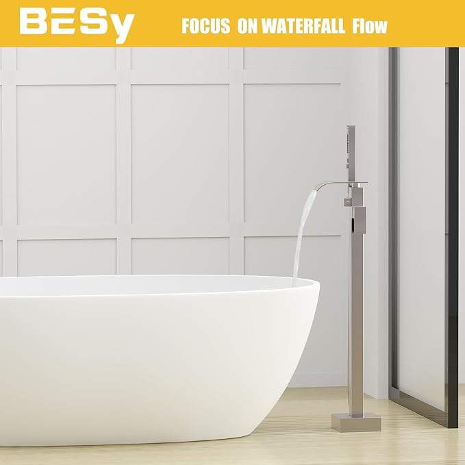 BESy Tub Filler Freestanding Bathtub Faucet Brushed Nickel Floor Mount Tub - Image 2