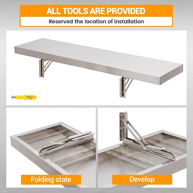 Folding Concession Shelf 36" x 12", Stainless Steel Drop Down Folding Serving - Image 4