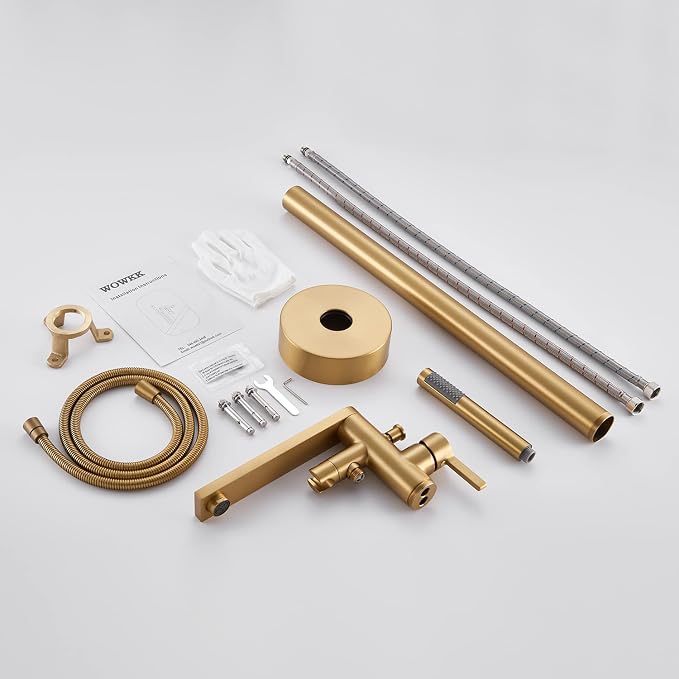 Freestanding Bathtub Faucet Tub Filler Brushed Gold Floor Mount Brass Single - Image 7
