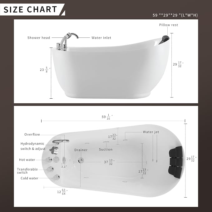 Empava 59 Inch Acrylic Freestanding Whirlpool Tub, Hydromassage Gracefully Oval - Image 3