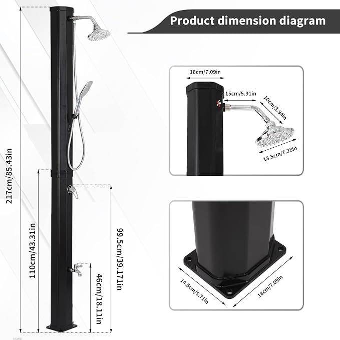 9.3 Gallon Solar Heated Outdoor Shower, 7.2FT Height, 360°Rotating Rainfall + - Image 3