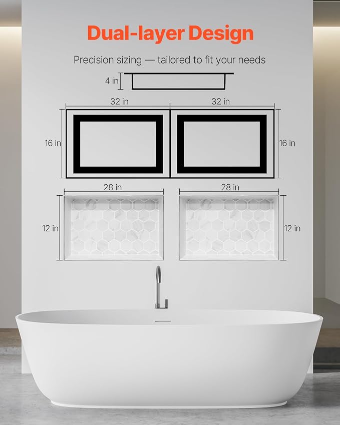 VEVOR Shower Niche, 16 x 32 inch + 16 x 32 inch Recessed Wall Niche - Image 8