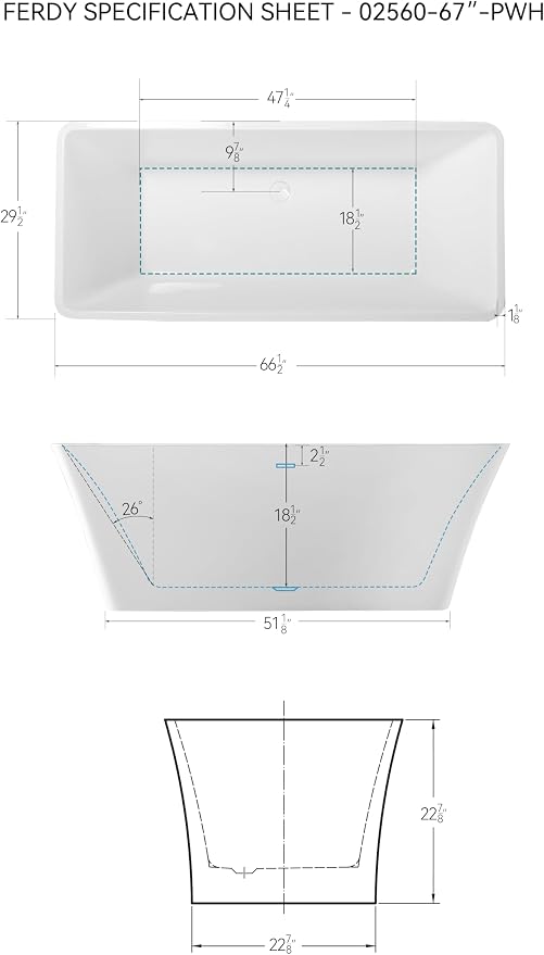 FerdY Sentosa 67" Acrylic Freestanding Bathtub, Contemporary Design Soaking Tub - Image 7