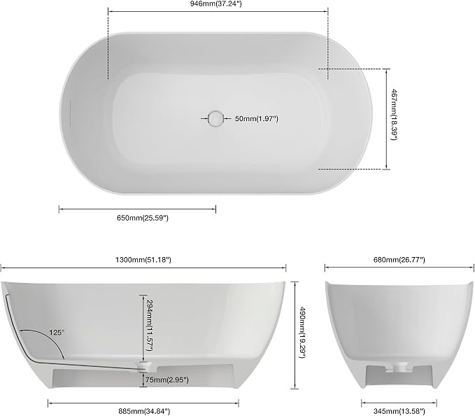 Premium 51" Solid Surface Freestanding Bathtubs, Upgraded Oval Stone Resin Tub - Image 6
