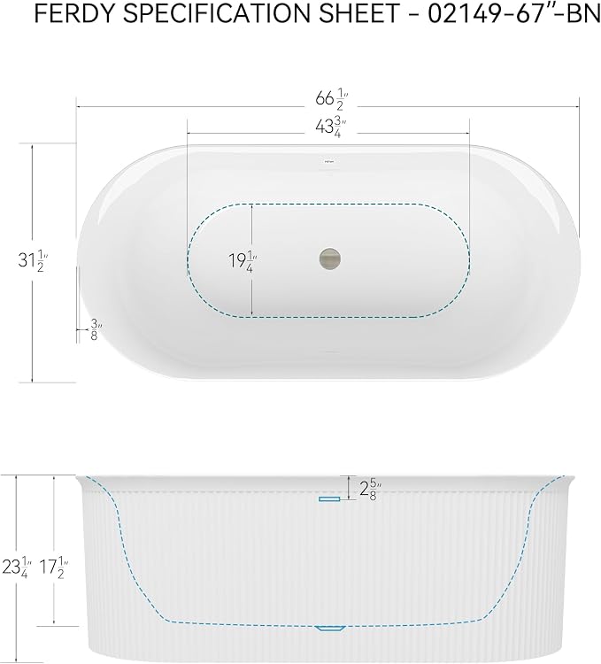 FerdY Nami 67" Acrylic Freestanding Bathtub, V Shape Freestanding Soaking - Image 4