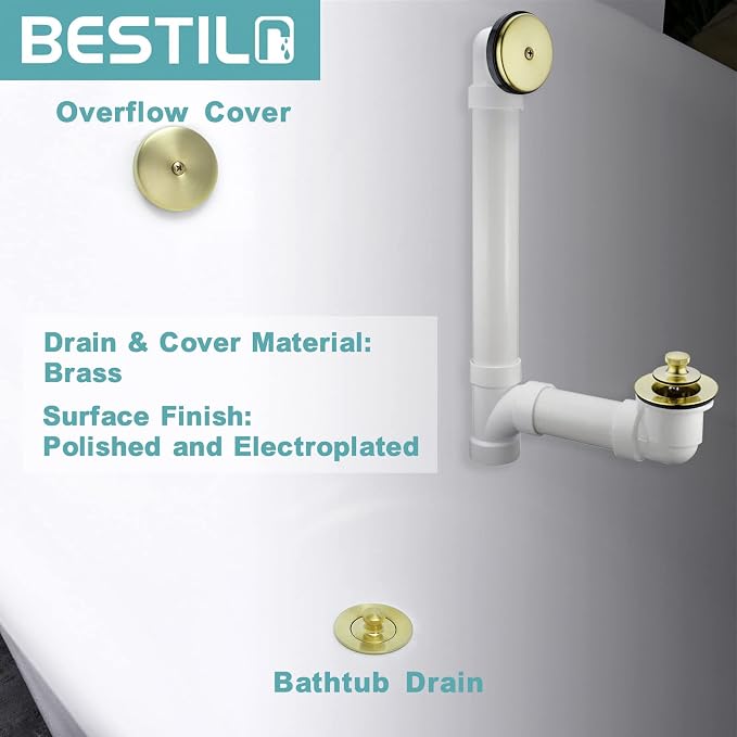BESTILL Bathtub Drain Kit and Overflow Faceplate, Brushed Gold - Image 3