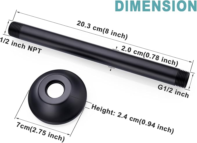 BESTILL 8 Inch Ceiling Mount Rain Shower Head Arm and Flange, Matte Black - Image 5
