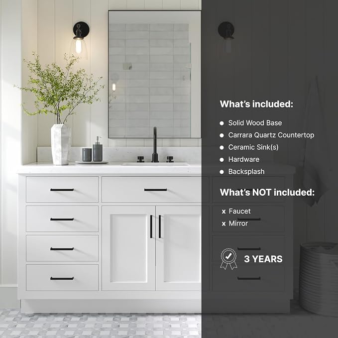 ARIEL Hepburn 66" White Bathroom Vanity, 1.5" Edge Carrara Quartz Countertop & - Image 9